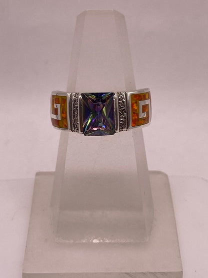 Anillo Greca de Plata 950 con Ópalo de Fuego y Zirconia, vista superior
