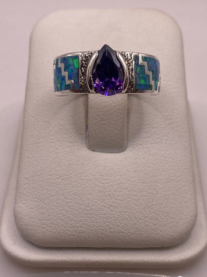 Anillo Greca de Plata 950 con Ópalo de Fuego y Zirconia — ángulo diagonal