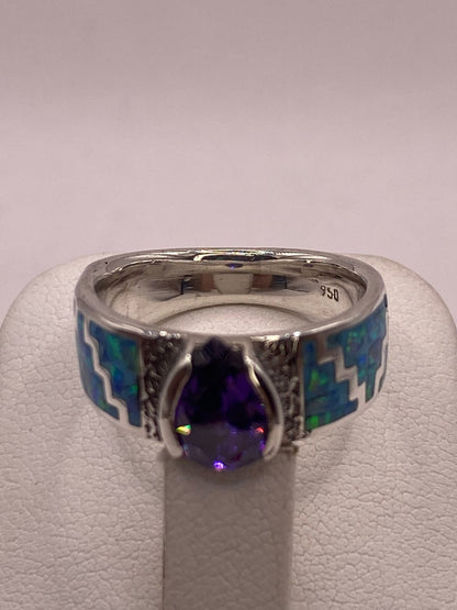 Anillo Greca de Plata 950 con Ópalo de Fuego y Zirconia, sello de autenticidad Plata Ley .925