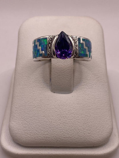 Anillo Greca de Plata 950 con Ópalo de Fuego y Zirconia, vista frontal