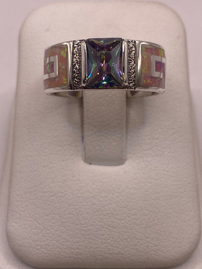 Anillo Greca de Plata 950 con Ópalo de Fuego y Zirconia Multicolor — detalle de acabado