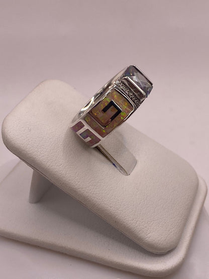 Anillo Greca de Plata 950 con Ópalo de Fuego y Zirconia Multicolor, vista lateral