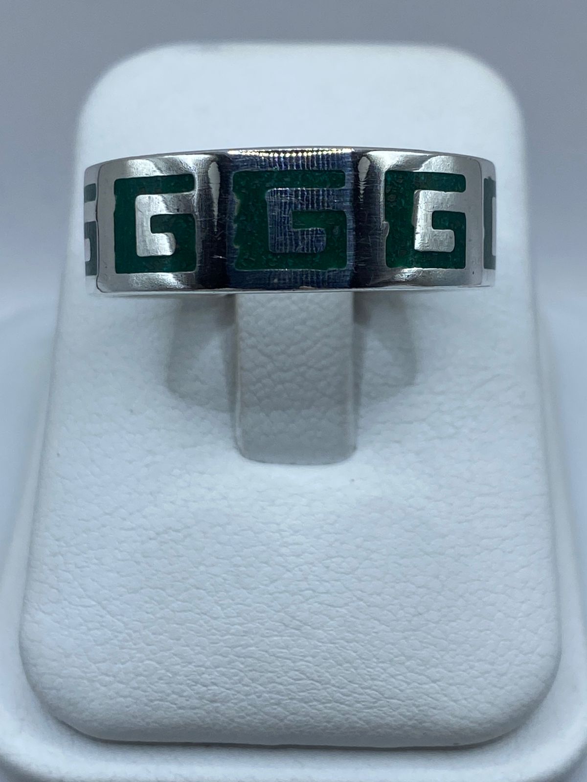 Anillo Greca Prehispánica en Plata .925 con Malaquita Natural, sello de autenticidad Plata Ley .925
