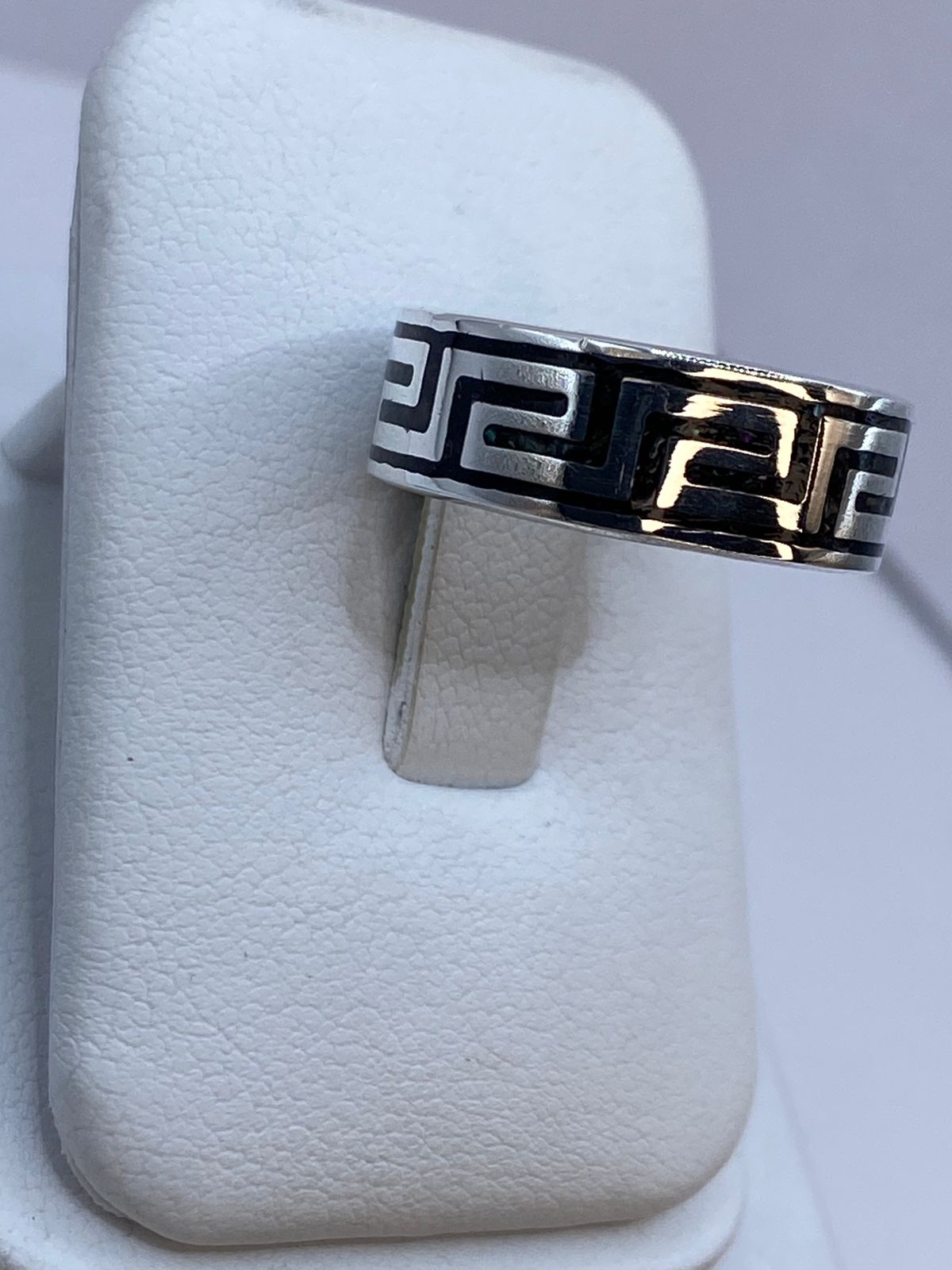 Anillo Greca Tipo Laberinto de Plata .925 con Obsidiana Negra, sello de autenticidad Plata Ley .925