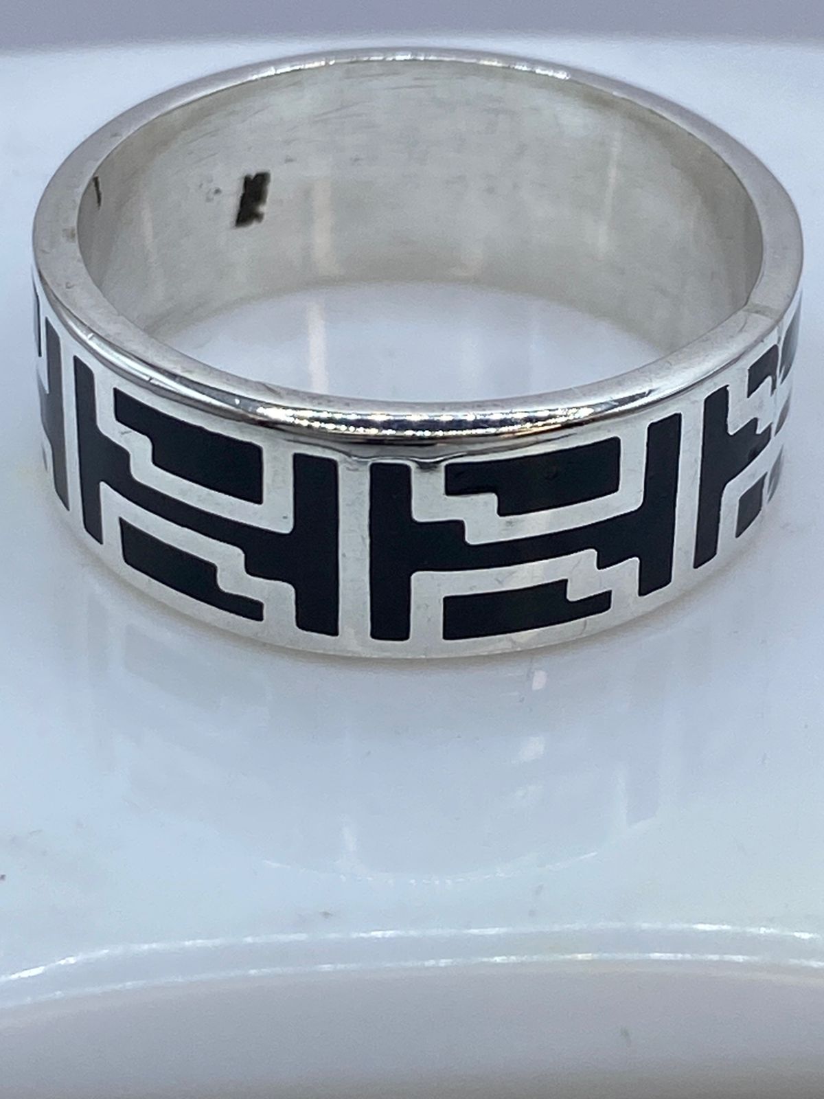 Anillo Greca Ancestral en Plata .925 con Obsidiana, sello de autenticidad Plata Ley .925