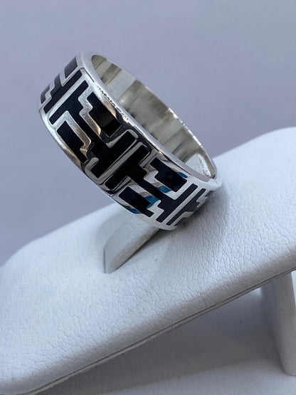 Anillo Greca Ancestral en Plata .925 con Obsidiana, sello de autenticidad Plata Ley .925