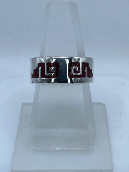 Anillo Greca Ancestral en Plata .925 con Coral Rojo, sello de autenticidad Plata Ley .925