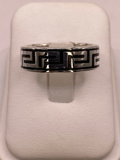 Anillo Greca Prehispánica de Plata .925 con Obsidiana — ángulo diagonal