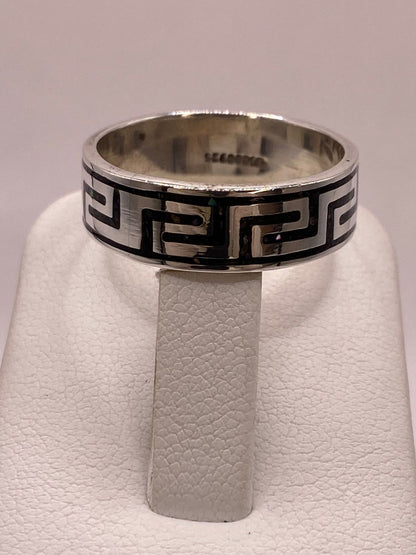 Anillo Greca Prehispánica de Plata .925 con Obsidiana, sello de autenticidad Plata Ley .925