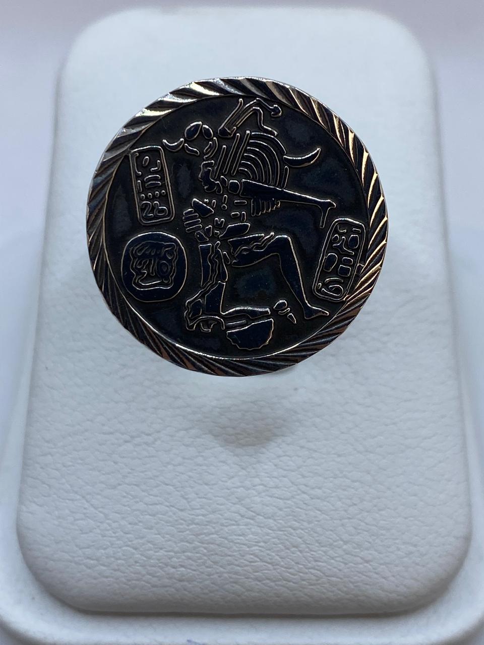 Anillo Guerrero Maya en Plata .925 – Diseño Prehispánico Circular Tipo Sello, vista frontal
