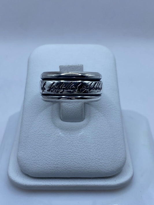 Anillo giratorio plata 925 con inscripción élfica grabada en cursivo, talla 6, artesanal Taxco México