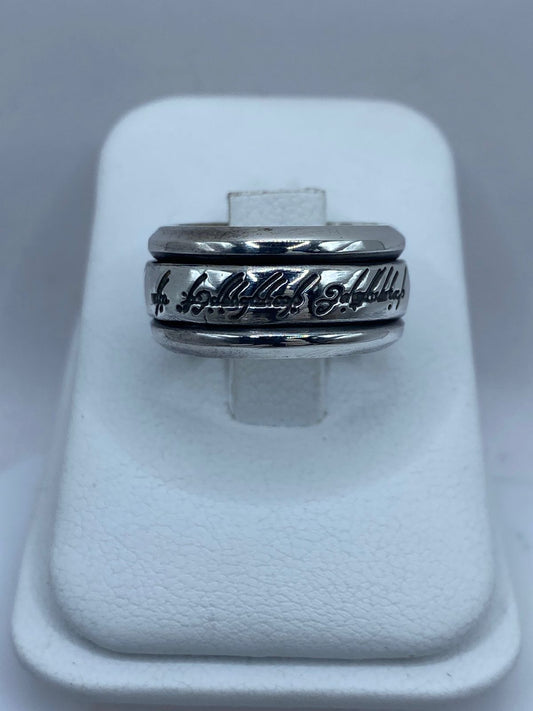 Anillo giratorio plata 925 escritura élfica cursiva artesanal, talla 6, hecho a mano en Taxco México