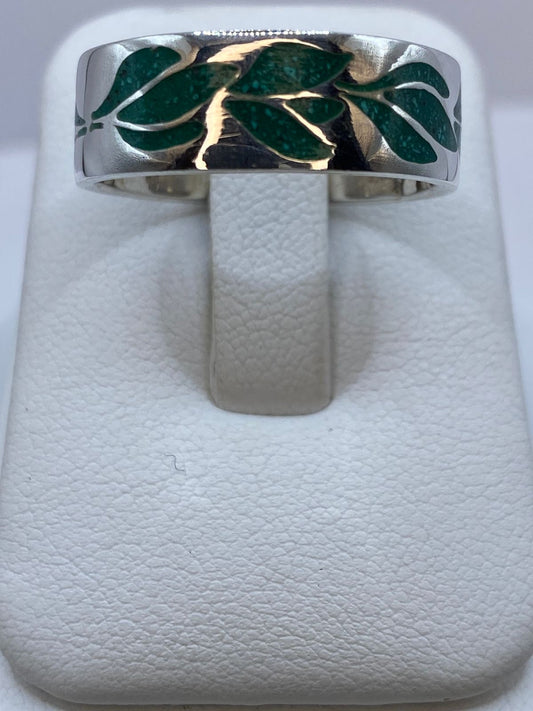 Anillo Malaquita Calado Diseño Hojas en Plata .925