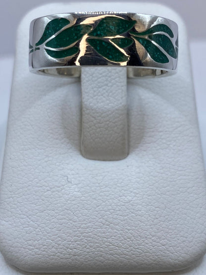 Anillo Malaquita Calado Diseño Hojas en Plata .925 — vista lateral
