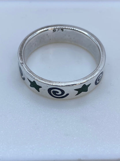 Anillo Malaquita con Diseño Estrellas y Espirales en Plata .925, sello de autenticidad Plata Ley .925