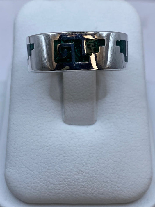 Anillo de Malaquita con Greca Espiral Calada en Plata .925, vista frontal