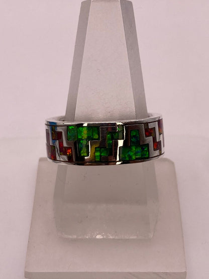 Anillo de Ópalo de Fuego Diseño Greca Plata Ley 950 — ángulo diagonal