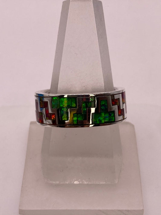 Anillo de Ópalo de Fuego Diseño Greca Plata Ley 950 — ángulo diagonal