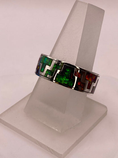 Anillo de Ópalo de Fuego Diseño Greca Plata Ley 950, vista frontal
