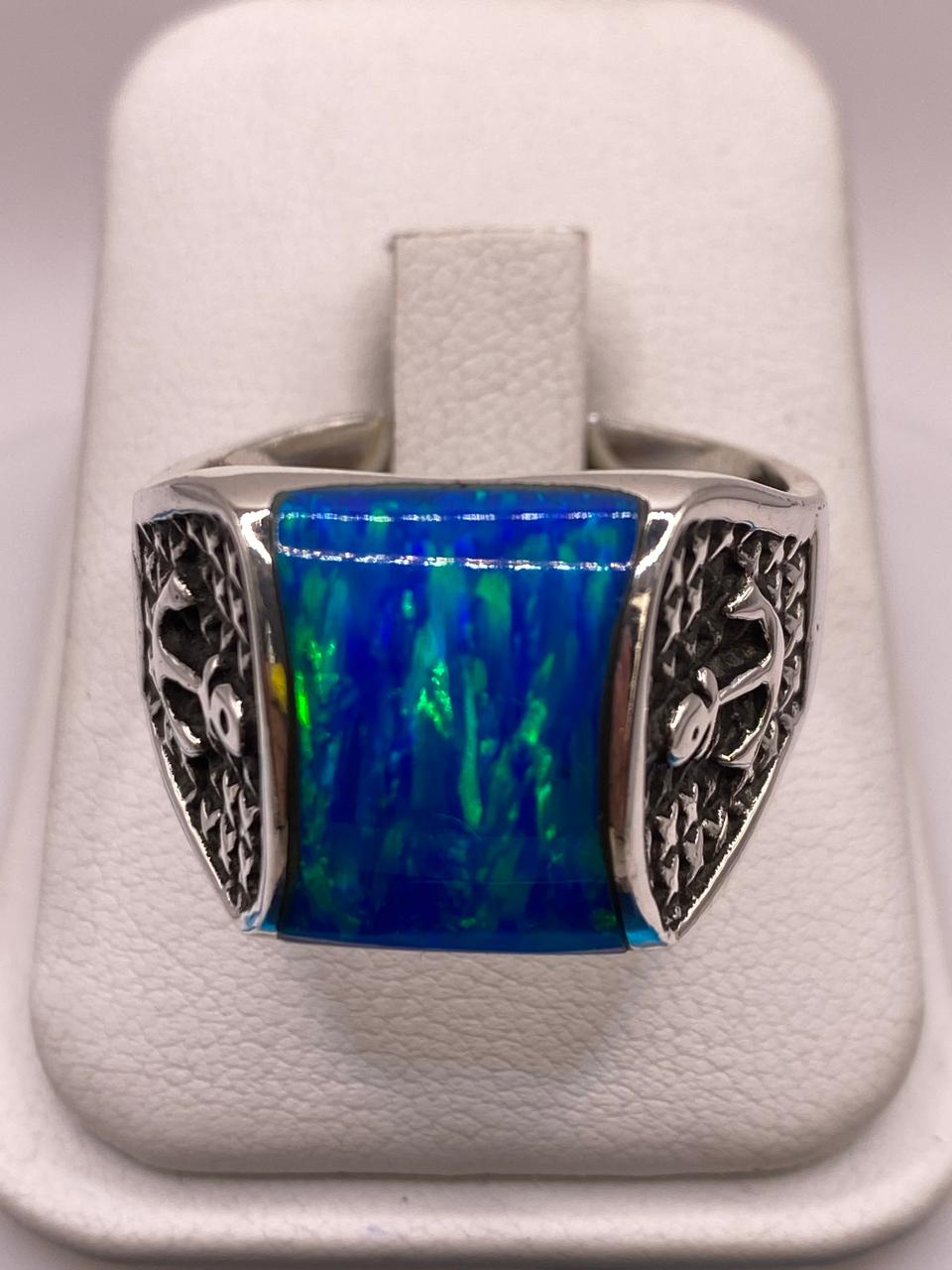 Anillo de Ópalo Azul con Detalle de Ancla en Plata .925