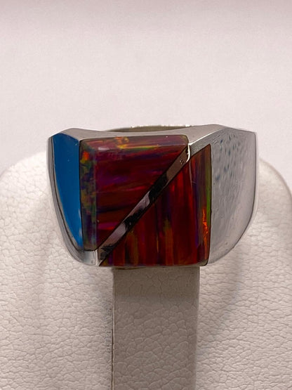 Anillo de Ópalo de Fuego con Diseño Geométrico en Plata Ley 925, vista superior