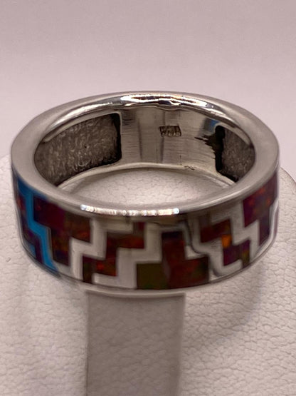 Anillo de Ópalo de Fuego con Diseño Geométrico en Plata Ley 950, sello de autenticidad Plata Ley .925