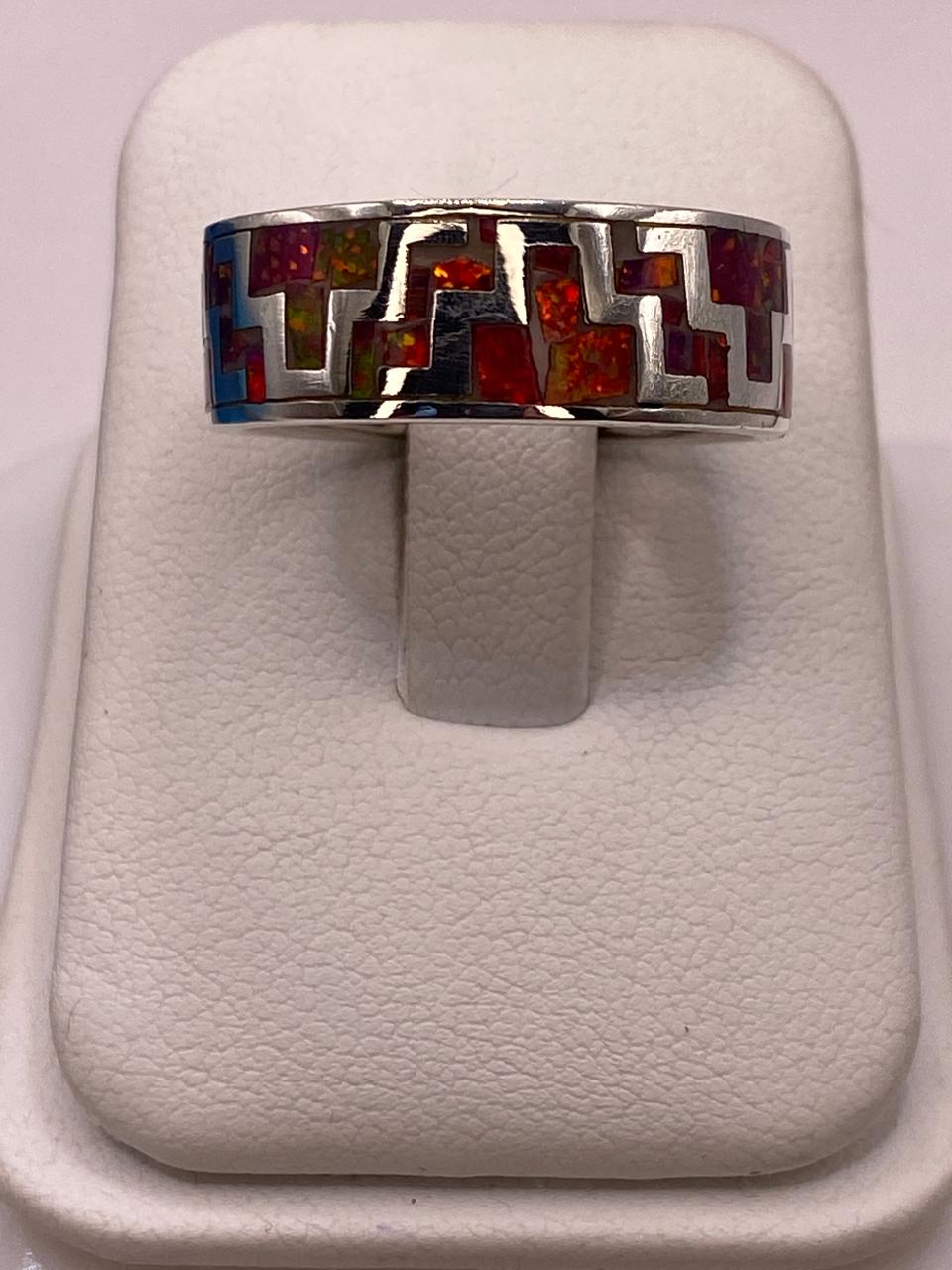 Anillo de Ópalo de Fuego con Diseño Geométrico en Plata Ley 950, vista superior