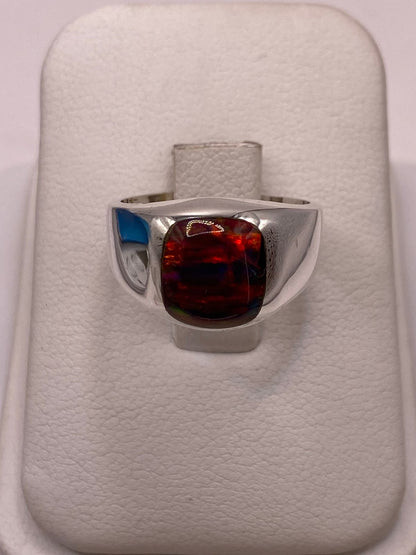 Anillo de Ópalo de Fuego Rojo‑naranja en Plata Ley 950, vista de detalle