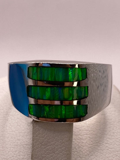 Anillo con Ópalo de Fuego Plata Ley 950 Diseño Triple Incrustación, vista superior