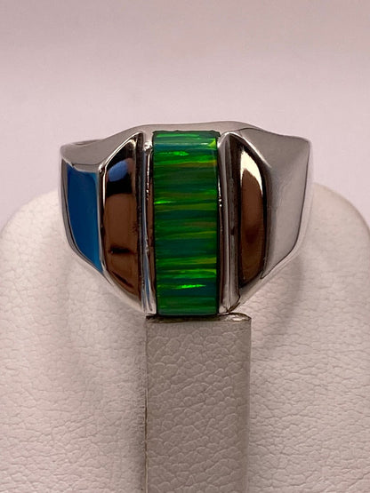 Anillo con Ópalo de Fuego Verde Diseño Moderno en Plata Ley 950, vista superior