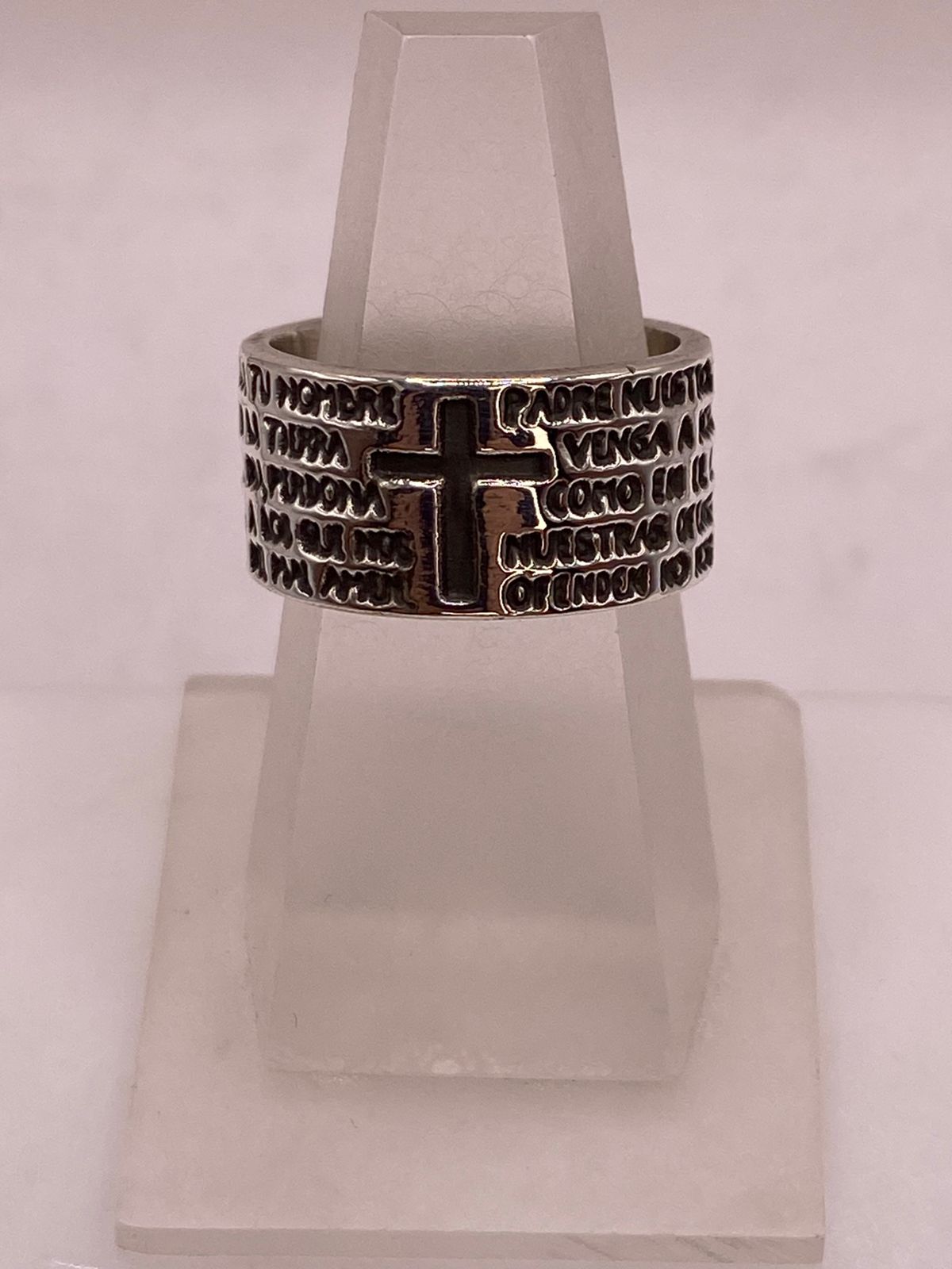 Anillo Padre Nuestro con Cruz en Plata .92, sello de autenticidad Plata Ley .925