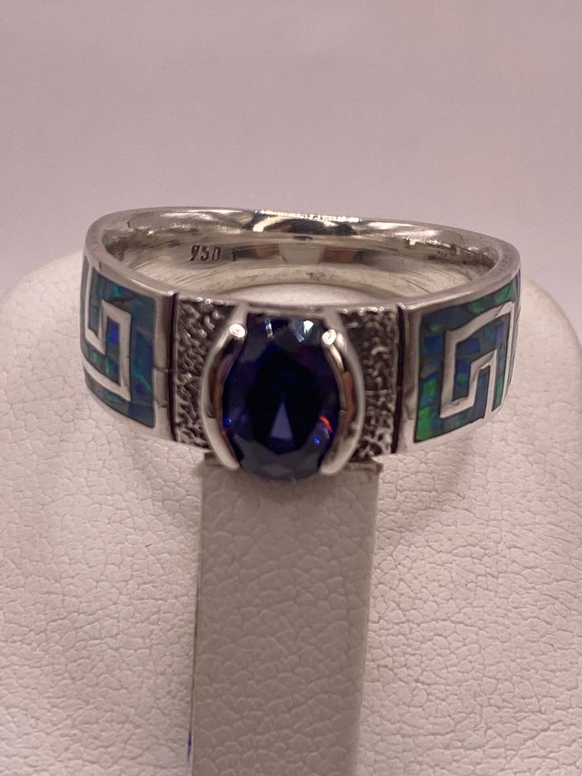 Anillo de Plata 950 con Ópalo de Fuego y Zirconia Azul, sello de autenticidad Plata Ley .925