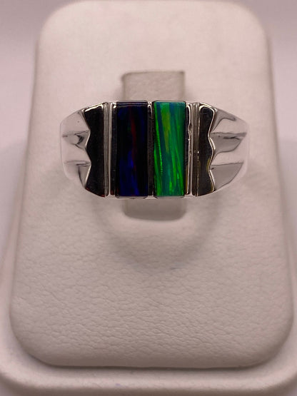Anillo en Plata Ley 925 con Doble Incrustación de Ópalo de Fuego, vista de detalle