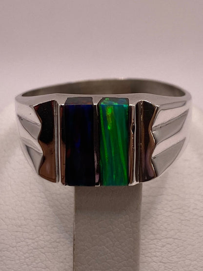 Anillo en Plata Ley 925 con Doble Incrustación de Ópalo de Fuego, vista superior