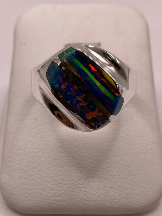 Anillo Plata Ley 925 con Ópalo de Fuego Diseño Segmentado Moderno — vista lateral