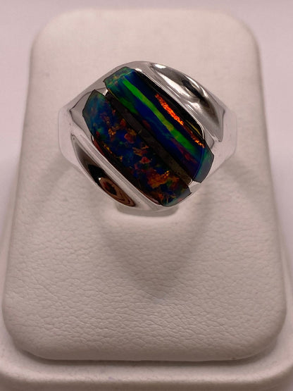 Anillo Plata Ley 925 con Ópalo de Fuego Diseño Segmentado Moderno, vista frontal