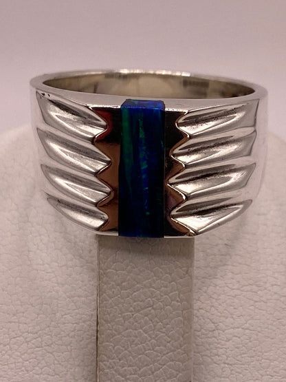 Anillo Plata Ley 925 con Ópalo de Fuego Diseño Contemporáneo Incrustación Vertical, vista superior
