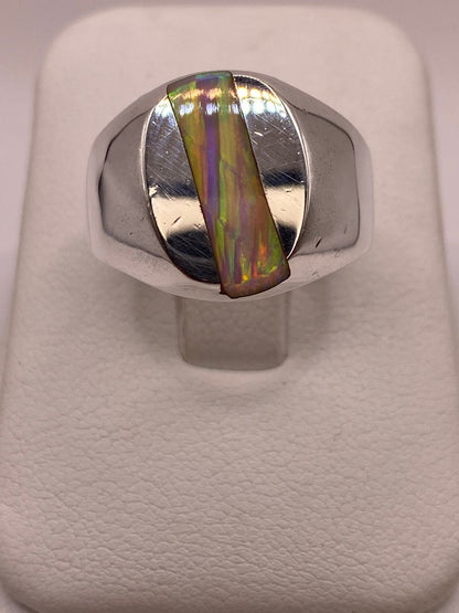 Anillo Plata Ley 925 Ópalo de Fuego Diseño Ovalado con Incrustación Diagonal, vista frontal