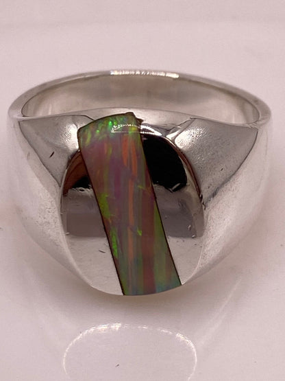 Anillo Plata Ley 925 Ópalo de Fuego Diseño Ovalado con Incrustación Diagonal, sello de autenticidad Plata Ley .925