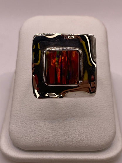 Anillo Plata Ley 925 con Ópalo de Fuego Montura Cuadrada Moderna, vista superior