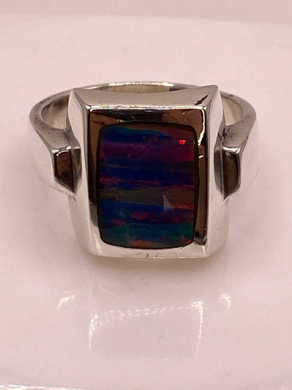 Anillo Plata Ley 925 con Ópalo de Fuego Multicolor Diseño Rectangular Moderno, vista superior