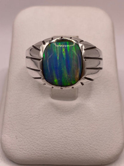 Anillo Plata Ley 925 con Ópalo de Fuego Diseño Moderno con Incrustación — detalle de acabado