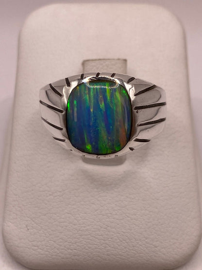 Anillo Plata Ley 925 con Ópalo de Fuego Diseño Moderno con Incrustación, vista superior