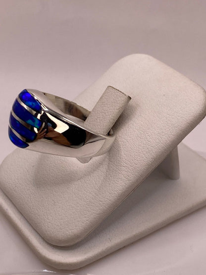 Anillo Plata Ley 950 con Ópalo de Fuego Azul Diseño Segmentado Moderno, vista frontal