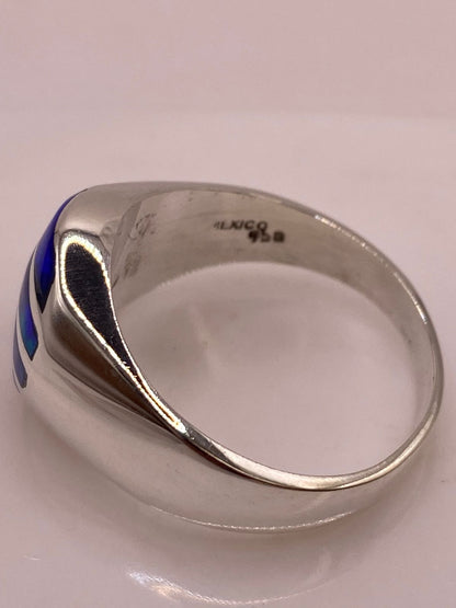 Anillo Plata Ley 950 con Ópalo de Fuego Azul Diseño Segmentado Moderno, sello de autenticidad Plata Ley .925