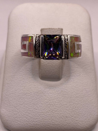 Anillo Plata Ley 950 con Ópalo de Fuego y Circonia Multicolor Diseño Greca, vista frontal