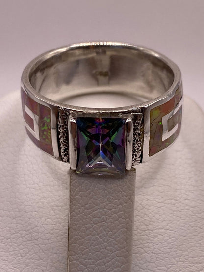 Anillo Plata Ley 950 con Ópalo de Fuego y Circonia Multicolor Diseño Greca, vista posterior