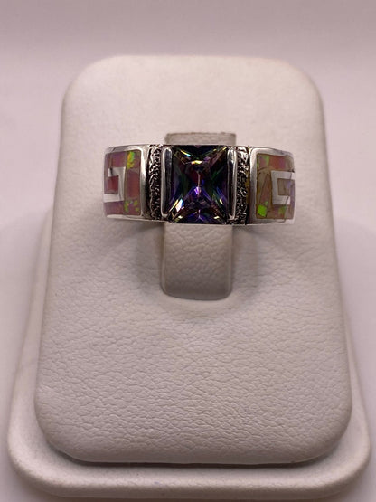 Anillo Plata Ley 950 con Ópalo de Fuego y Circonia Multicolor Diseño Greca, vista superior