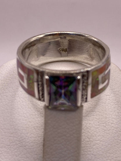 Anillo Plata Ley 950 con Ópalo de Fuego y Circonia Multicolor Diseño Greca, sello de autenticidad Plata Ley .925