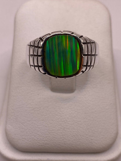 Anillo Plata Ley 950 con Ópalo de Fuego Diseño Segmentado Moderno, vista de detalle